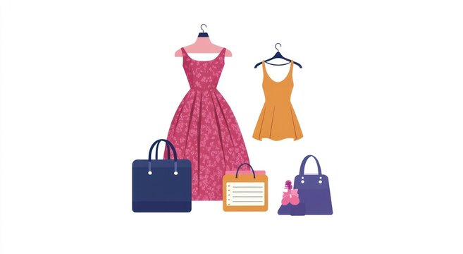 Dresses, handbags, and a note pad on white.