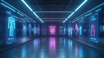 Fototapeta premium Digital clothing displays within a glowing neon futuristic corridor.