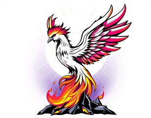 Obraz premium Un fénix estilizado y futurista resurge de las cenizas en una audaz ilustración 
