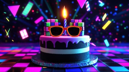 Retro cake with candle and sunglasses on bright disco floor.