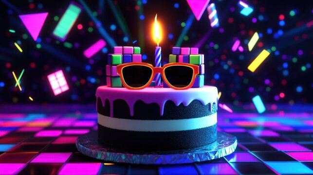 Retro cake with candle and sunglasses on bright disco floor.