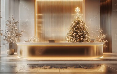 A luxurious reception desk featuring golden holiday decorations, a glowing tree in the background, and subtle festive accents