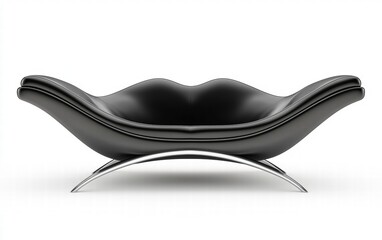 A minimalist black leather sofa with polished chrome legs and a low-profile design, isolated on white