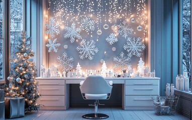 A manicure table in a modern beauty salon surrounded by holiday decorations like snowflakes and Christmas baubles