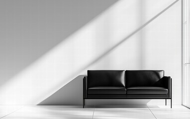 A minimalist black sofa with faux leather upholstery and a slim silhouette, isolated on a white background