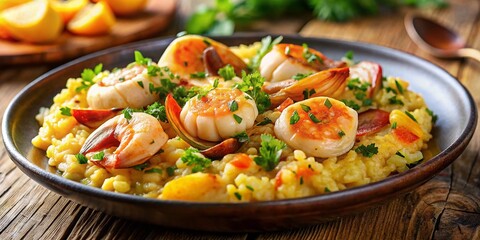 Creamy Saffron Seafood Risotto Recipe - Shrimp, Scallops, Parsley Garnish - Delicious Italian Dish
