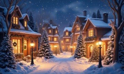 Charming winter village at night