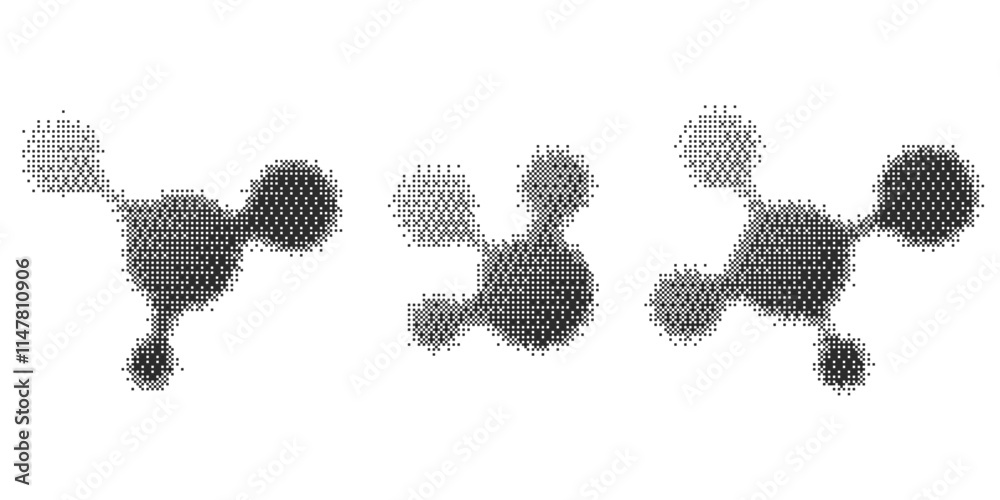 Poster Pixel pattern molecule shapes. Textured cosmic elements with bitmap Y2k dither gradient. Retro vector icon with old computer game graphic effect. Halftone grunge illustration
