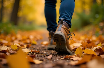 Close-up of female legs in hiking boots walks on ground with yellow-orange dry fall leaves during autumn season in park or forest . Blurred background, selective focus.