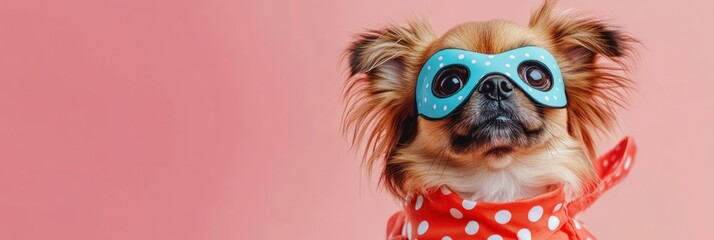 Fototapeta premium Dog wearing blue superhero mask and red polka dot scarf.