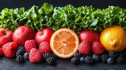 A healthy eating backdrop with various fruits and vegetables is photographed on a white background. 
