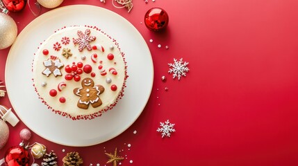 Festive holiday cake with ornaments, decorations on red.