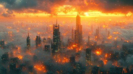 Fototapeta premium Futuristic city, fiery sunset, smog-filled sky.