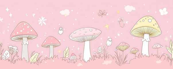 Pink illustrated mushrooms, plants, clouds, stars and fairy dust.