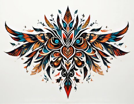 Un dise&ntilde;o de tatuaje tribal vibrante e intrincado sobre un fondo blanco n&iacute;tido, con l&iacute;neas negras audaces y colores vibrantes que evocan la rica herencia cultural de las comunidades ind&iacute;genas