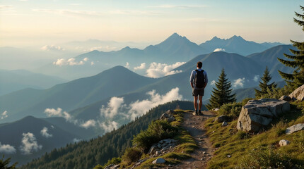 Obraz premium Hiker standing on a rocky ridge