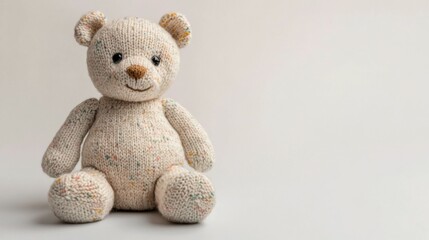 A charming knitted teddy bear in colorful yarn, captured in product photography style. Created with Generative AI