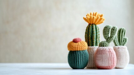 A unique knitted cactus plant in vibrant yarn, styled for artistic product photography. Created with Generative AI