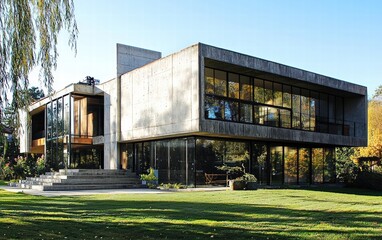 Obraz premium A multi-level industrial house with a combination of raw concrete and polished glass surfaces