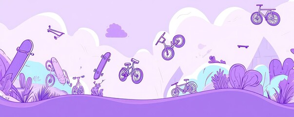 Illustrated scene of bikes, skateboards, in cartoonish style.