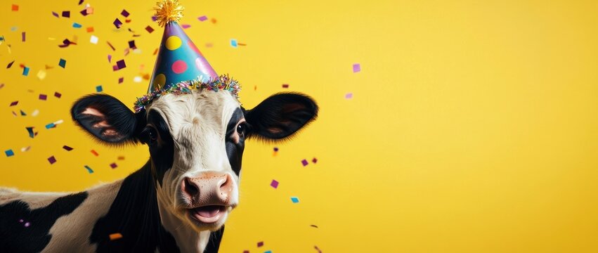 Confetti flies around cow wearing party hat against yellow backdrop.
