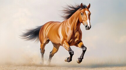 The painting depicts a majestic horse galloping across a sunlit meadow, its mane flowing in the wind and muscles rippling with power and grace.