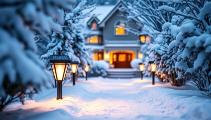 A cozy, snow-covered house with glowing lights and lanterns lining a winter pathway.