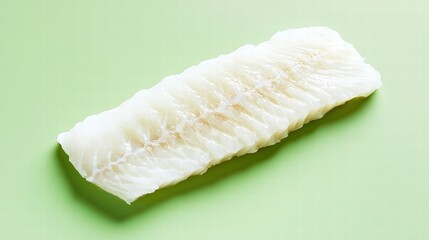 A close-up of a white fish fillet, elegantly laid out against a muted pastel green background. The photograph expertly captures the delicate texture and fresh quality of the fish, complemented by