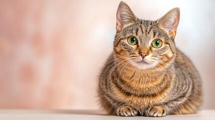The tabby cat, with its distinct striped fur pattern and captivating green eyes, sits majestically on a soft pink background