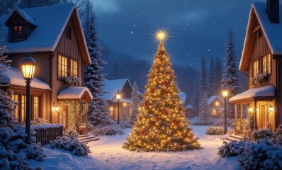Winter night with a festive Christmas tree