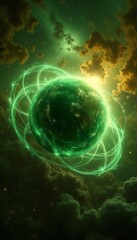 Obraz premium Green planet with glowing rings in cosmic mist and starry sky.Energy. Mystery. The beauty of the cosmos. Sci-fi banner, fantasy book cover, space-themed design, poster concept. 