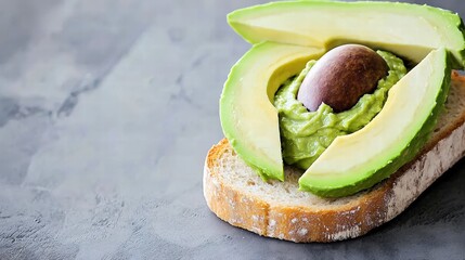 A diagonal shot of a slice of artisan bread topped with a luscious avocado spread, showcasing its creamy consistency and vibrant color. The soft gray backdrop provides an elegant contrast,