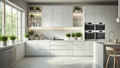 A modern and sleek minimalist kitchen featuring white cabinets, a pristine countertop, and fresh greenery for a touch of natural elegance