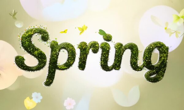 Spring text art with green foliage texture and butterfly on bright background