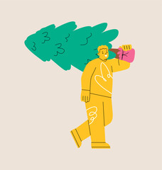 Happy man carrying a christmas tree. Festive holiday season. Colorful vector illustration