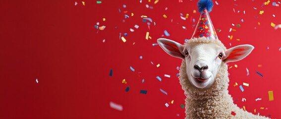 Sheep with birthday hat, party confetti, red background.