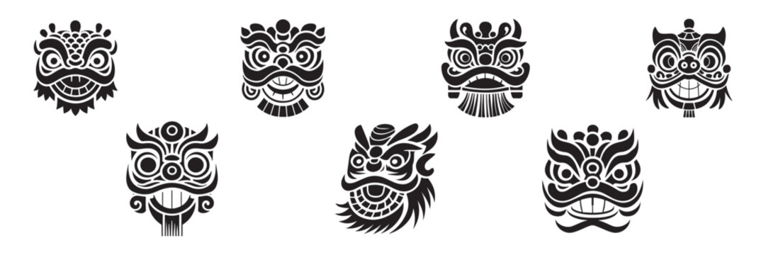 Seven Stylized Lion Dance Mask Silhouettes. Seven black and white silhouettes of traditional Chinese lion dance masks.