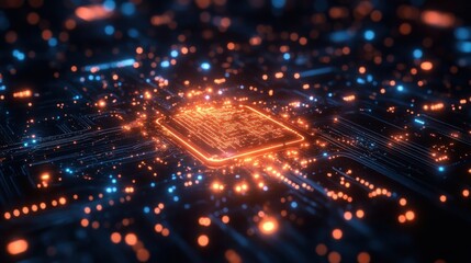 Obraz premium Glowing circuit board, central processor, digital technology.