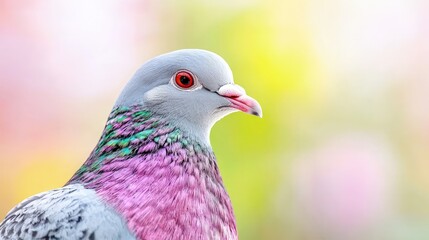 Obraz premium Close-up of a vibrant pink and grey pigeon against a blurred pastel background.
