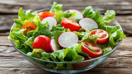 A vibrant and colorful salad, featuring crisp lettuce leaves, juicy cherry tomatoes, and crunchy slices of radish, all beautifully arranged in a clear glass bowl sitting on a rustic wooden table.
