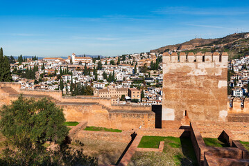 The ancient Arab neighborhood of the Albayzín viewed from a viewpoint in the Alhambra monumental...