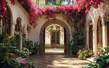 Fototapeta premium A Spanish-inspired home with arched doorways, a central courtyard, and vibrant bougainvillea