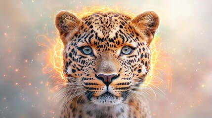 Naklejka premium The close up artwork features a majestic leopard face with intricate patterns on its fur, sharp and piercing eyes, and a fierce expression