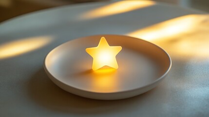 Fototapeta premium single glowing star icon placed on matte white ceramic plate under soft natural light with faint reflections