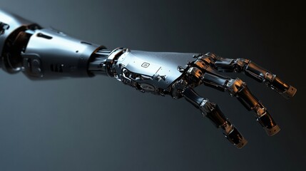 Prosthetic arm demonstrating advanced movement and functionality in a modern setting with ample copy space. Generative AI