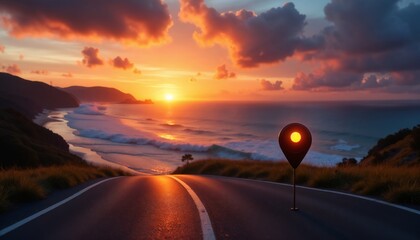 Sunset road leading to the ocean with location marker glowing in orange. Journey. Destination. Inner peace. Travel inspiration, vacation poster, motivational design, location branding.