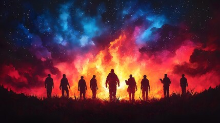 Fototapeta premium Papercut artwork of a traditional bonfire with people celebrating the night before Holi in colorful attire