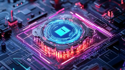 Fototapeta premium futuristic tech circuit board, data storage - neon and glowing effects