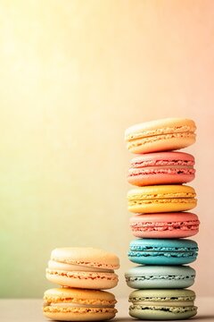 stack of colorful macarons arranged neatly on smooth matte surface with soft gradient background