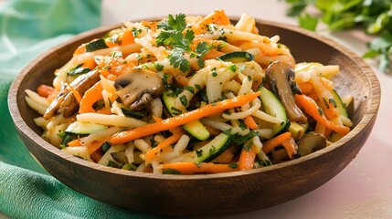 An eye-catching composition of a lively vegetable stir-fry with a variety of textures, showcasing vibrant carrots, zucchini, and mushrooms, meticulously placed in a rustic wooden bowl. The bright